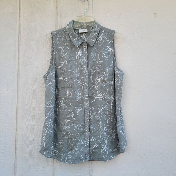 Ecothreads floral print linen blend button down sleeveless top wmns sz L - Picture 1 of 4